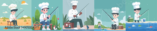 a set of vector characters chef army fishing