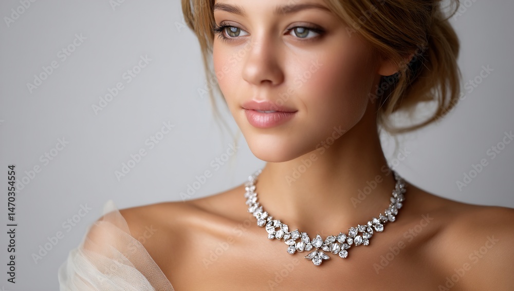 Elegant portrait of a woman with stunning diamond necklace and soft dress detail Elegant portrait of a woman with stunning diamond necklace and soft dress detail