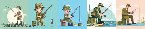 a set of vector characters of fishing soldiers