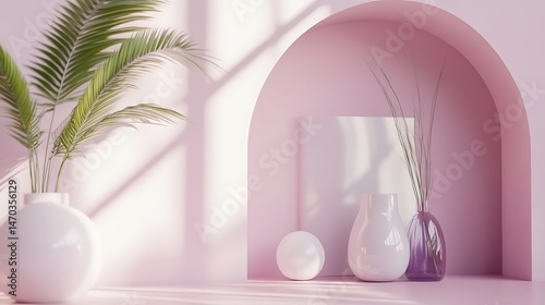 Pink Room with Plants, Vases, and Sunlight.