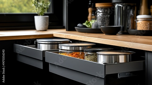 Organized kitchen drawers filled with various dry goods