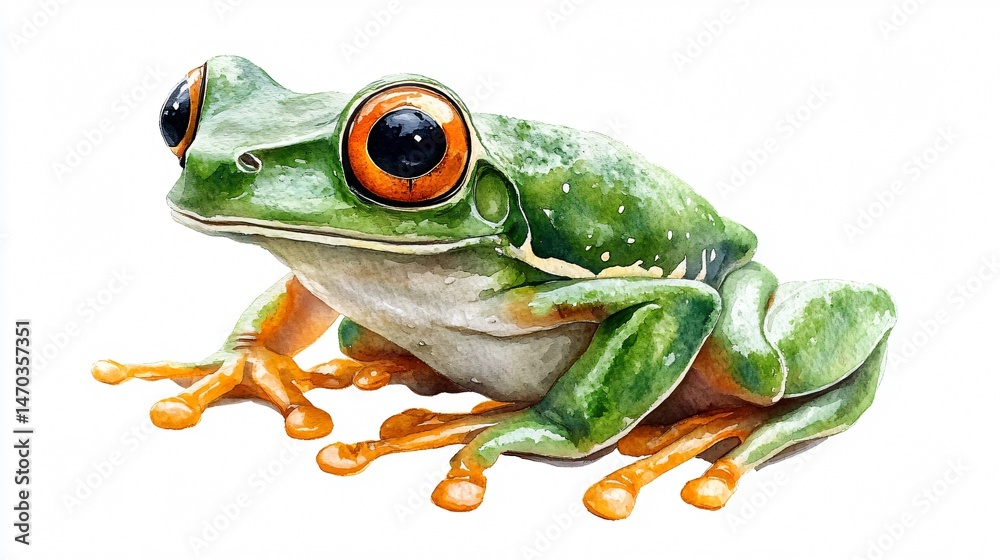 Fototapeta premium Vibrant Green Tree Frog Watercolor Illustration Isolated on White Background