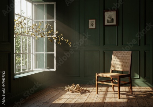 Wallpaper Mural Cozy Minimalist Interior Warm Wooden Chair by a Sunlit Window with Soft Natural Light and Decorative Branches Torontodigital.ca