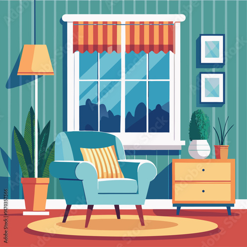 Living room with large window and blue armchair and white heating radiator on wall. Central heating system.