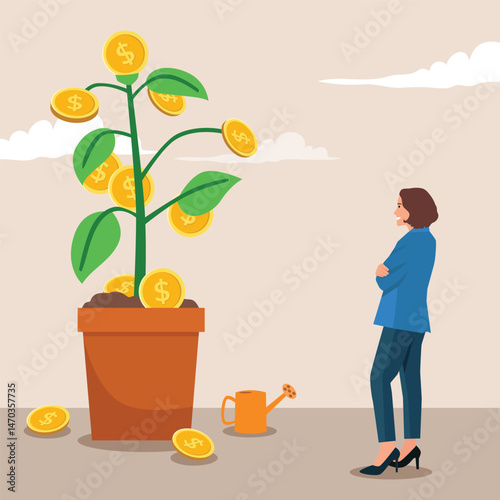 Woman stands confidently in front of a potted plant growing gold coins, financial investment. Flat vector illustration isolated on white background