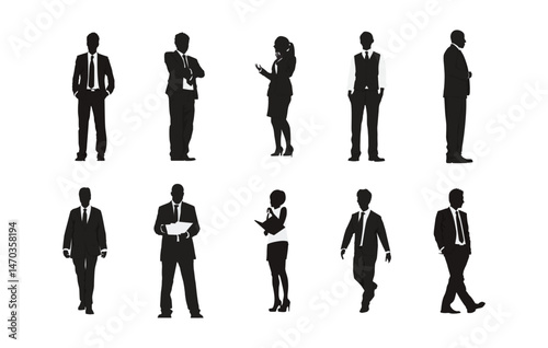 Black silhouette people set. People silhouette. Silhouettes of a Businessman character in different poses. Vector illustration eps 10