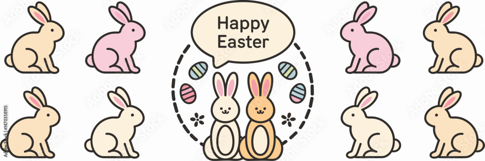 Vector icon set of bunnies with speech bubbles and eggs – Ideal for Easter greetings, festive illustrations, or holiday marketing. Vector icon set of bunnies with speech bubbles and eggs – Ideal for Easter greetings, festive illustrations, or holiday marketing.