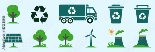 Vector sheet icons for environment with tree, recycling, garbage can, solar panel, wind turbine, power plant and more