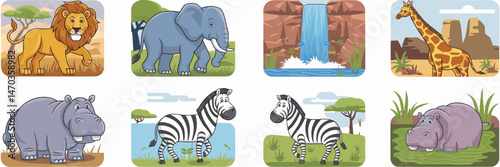 Vector icon set of animals in their natural habitats – Perfect for educational content, wildlife conservation campaigns, or animal documentaries.