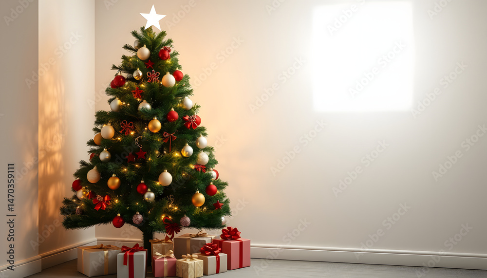 Christmas tree with presents near light wall with space for text, simple style. White tone Christmas tree with presents near light wall with space for text, simple style. White tone