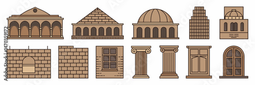 Architecture vector icon sheet with buildings, arches, pyramid roof, dome, skyscraper and more