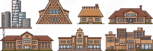 Vector sheet of building icons including modern skyscraper, stone building with steep roof, thatched roof house, school, hospital, and shopping mall