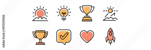 Vector sheet of motivational icons with rising sun, light bulb, and trophy – Great for personal growth, productivity, or success-themed projects.