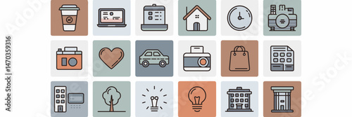 Vector sheet of icons including coffee cup, laptop, house, car, heart, shopping bag, camera, tree, lightbulb, and building in separate squares