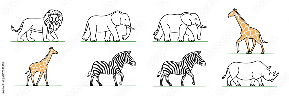 Obraz premium Vector icons of animals in a continuous line style on a green field – Ideal for educational content, wildlife promotion, or minimalist design projects.