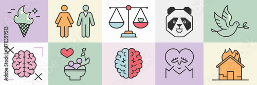 Icon set for social issues like climate change, gender equality, and animal rights – Great for advocacy content, non-profit organizations, or educational materials.