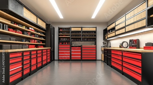 Organized, modern workshop with red and black cabinetry,  ample storage, and a clean, bright interior