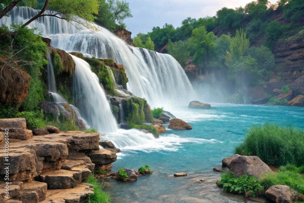 Fototapeta premium Majestic waterfall cascading down rocky cliffs into a vibrant turquoise river