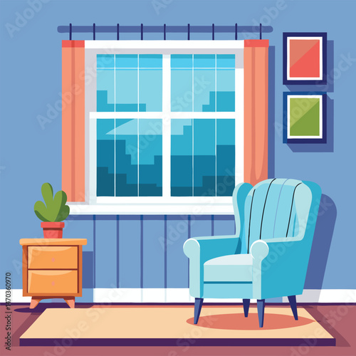 Living room with large window and blue armchair and white heating radiator on wall. Central heating system.