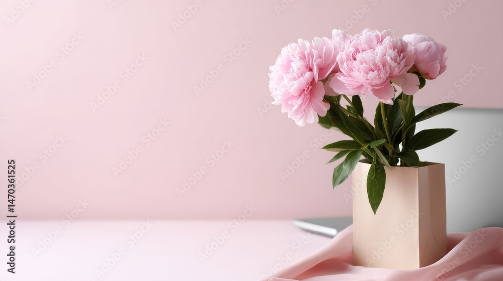 Fototapeta premium A beautiful arrangement of pink peonies in a simple vase. The soft pastel colors create a calm and inviting atmosphere. Perfect for home decor or floral themes. AI