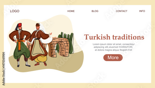 Landing page with Woman and  man in traditional Turkish costume, Hierapolis. Vector illustration liner hand drawn art.