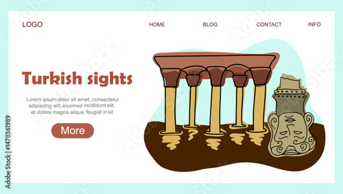 Landing page with Turkish attractions, popular destination. Vector illustration liner hand drawn art.