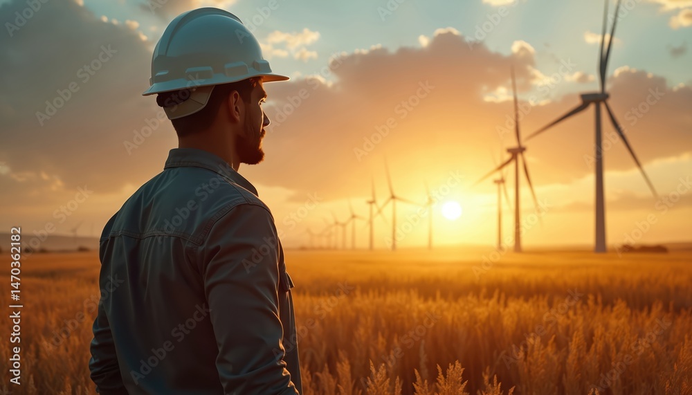 custom made wallpaper toronto digitalEngineer stands in wind farm field watching sunset. Clean energy concept with wind turbines. Man in hardhat assesses renewable eco-friendly technology. Beautiful golden hour landscape with renewable