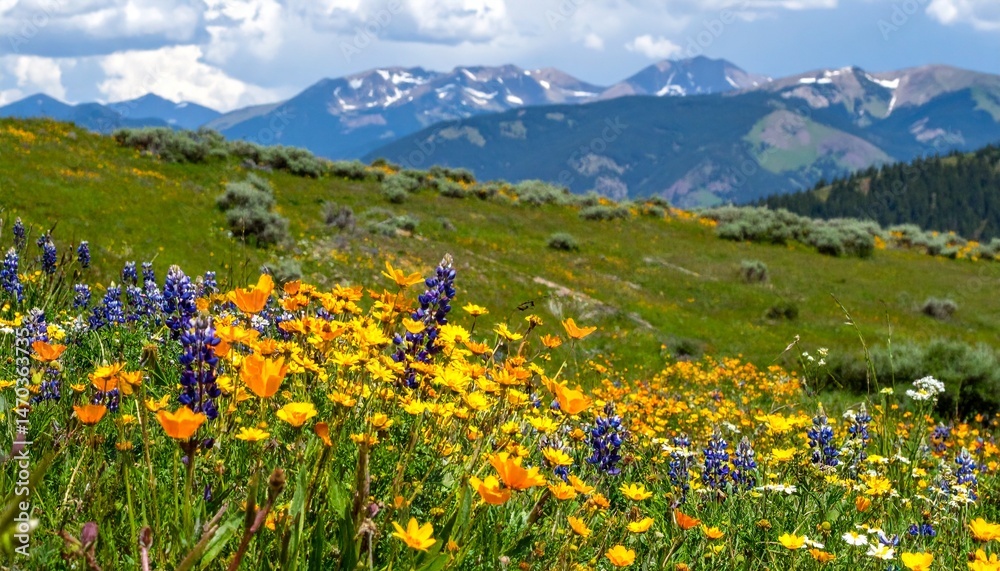 Obraz premium Vibrant Wildflower Meadow with Mountain Background