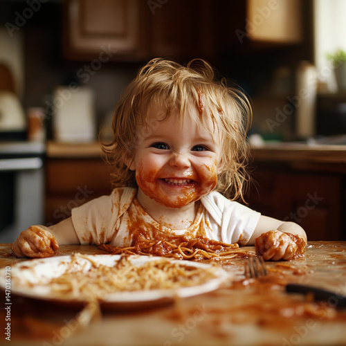 Child enjoys messy spaghetti meal in a cozy kitchen, creating joyful memories with playful expressions