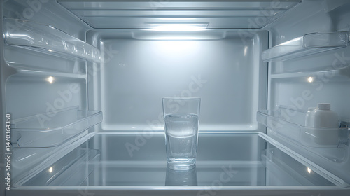 Empty Refrigerator with Single Glass of Water Minimalist Stock Photo