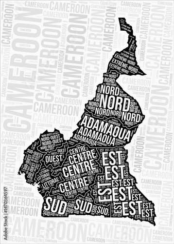 Cameroon regions map word cloud. Cameroon region names. Black and white map design. Creative vector illustration.