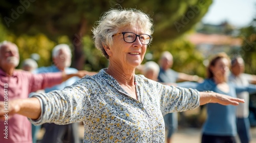 Elderly People Stretching in a Park Community Wellness Outdoor Activity Positive Energy Calm Atmosphere