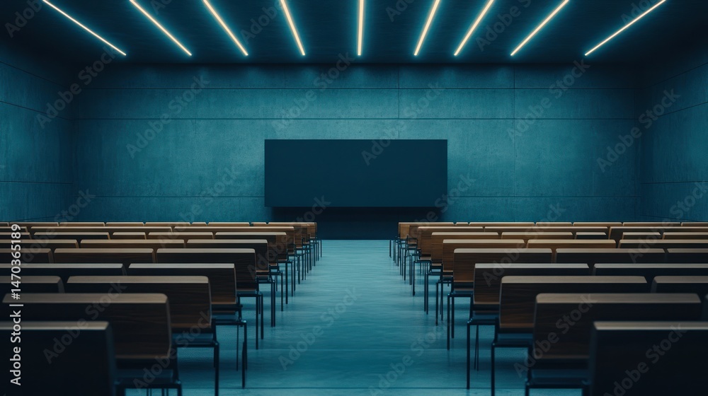 Fototapeta premium Empty lecture hall, blue lighting, screen, modern architecture, presentation space