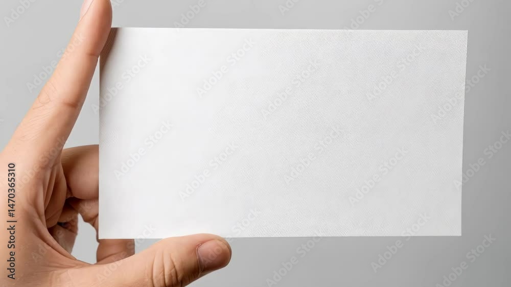 Human hand displaying blank rectangular business card against a neutral gray background for a minimalist marketing template Human hand displaying blank rectangular business card against a neutral gray background for a minimalist marketing template