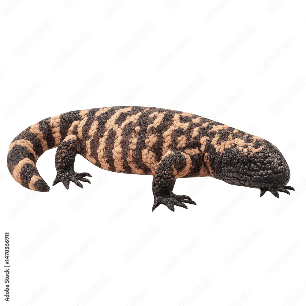 Fototapeta premium A Gila monster with its bead-like, brightly patterned scales, isolated on transparent or white background