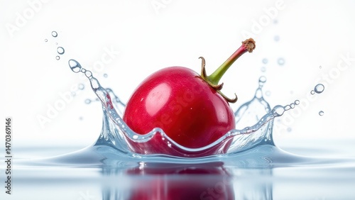 A vibrant red cherry splashes into clear water, creating dynamic ripples and droplets frozen in motion against a pristine white background