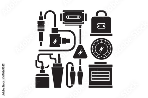 Industrial Welding Equipment Icons Set Vector Silhouette Illustration