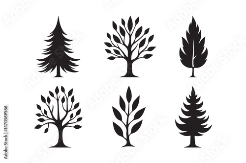 Tree Silhouette Vector Set Nature Leafy Forest Clipart Icons