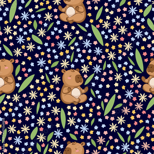 Capybara relaxing surrounded by flowers, seamless pattern