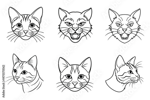 Cat head liner art set on white background,Cat Face Icons