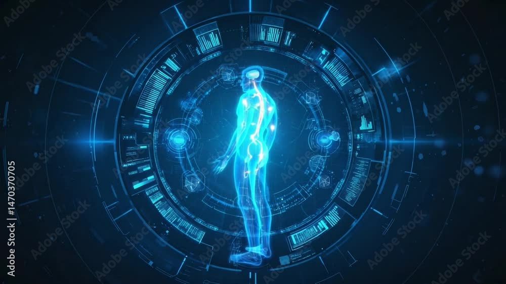 Digital Human Anatomy Visualization, Circular Interface, Background data overlay. Potential use Medical infographic Digital Human Anatomy Visualization, Circular Interface, Background data overlay. Potential use Medical infographic