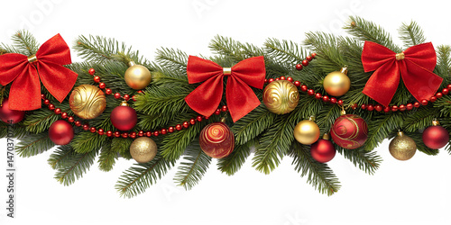 A lush green Christmas garland is decorated with red bows, red and gold ornaments, and strands of red and gold beads.