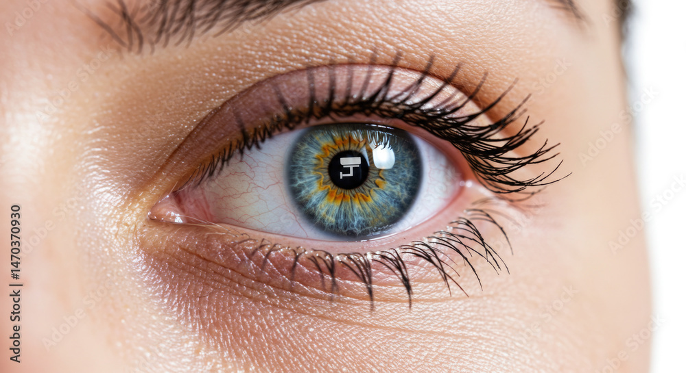 Fototapeta premium Close-up of human eye with unique green-orange iris and reflection detail