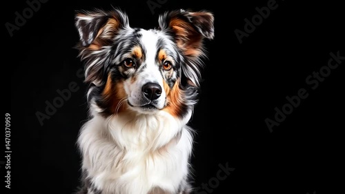 Australian Shepherd portrait on black background, concept of loyalty, intelligence and nobility