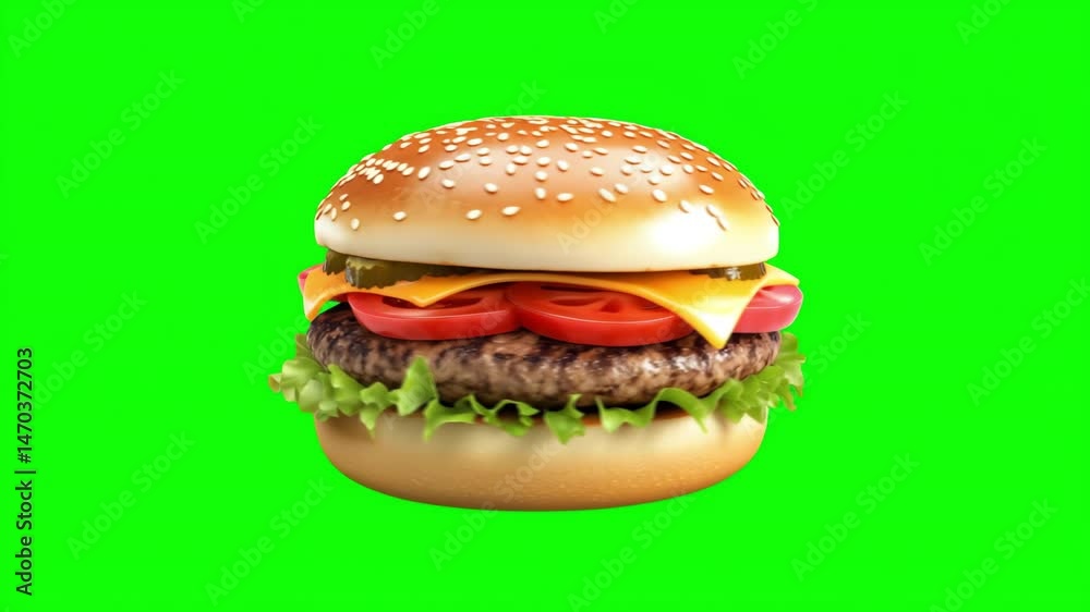 Juicy hamburger with lettuce tomato cheese and pickles displayed on a vibrant green screen for enticing visuals and creative presentations Juicy hamburger with lettuce tomato cheese and pickles displayed on a vibrant green screen for enticing visuals and creative presentations