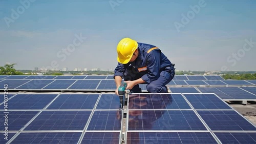 Wallpaper Mural Rooftop solar panel installation, worker using cordless drill Torontodigital.ca
