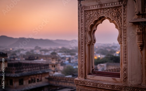 Spring, Jaipur, Rajasthan ,Spring in the Pink City, Sunrise view from ornate Jaipur window photo