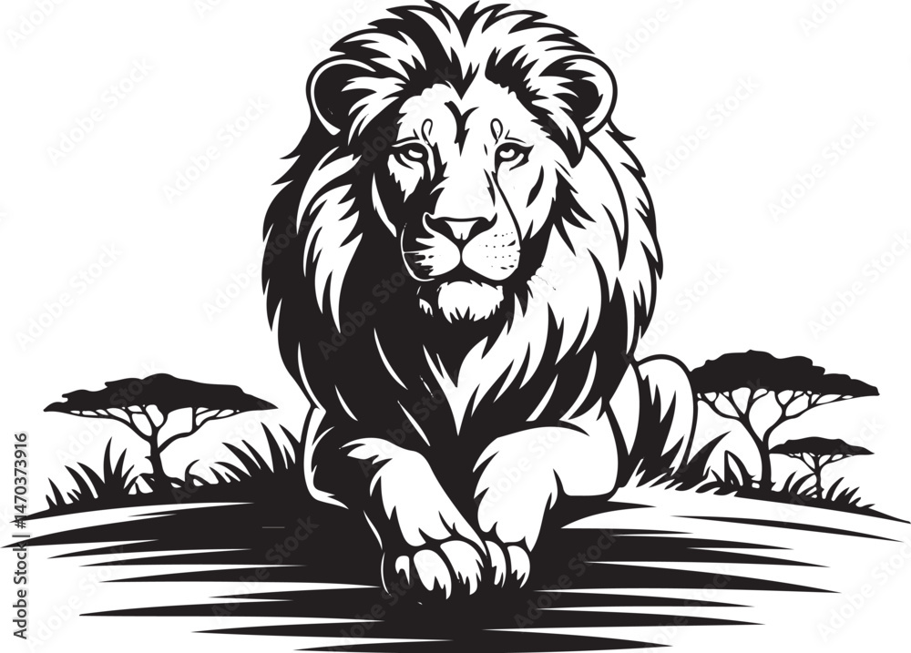 Obraz premium Lion Resting on a Savannah Hill – Black and White Vector Illustration
