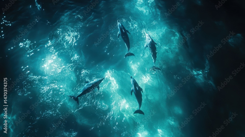 Fototapeta premium bottom view of dolphins swimming in pristine turquoise sea, peaceful oceanic scene, lights shinning from above