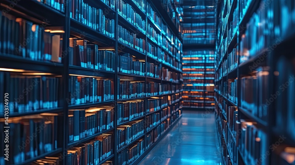 A view of a library aisle with shelves full of books illuminated with blue and orange lights A view of a library aisle with shelves full of books illuminated with blue and orange lights